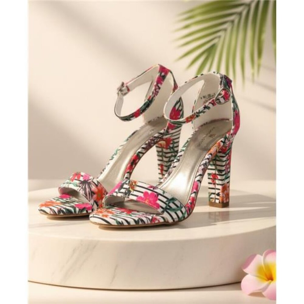 Worthington Womens Block Heel Sandals Floral Stripe Ankle Strap Shoes Size 7M